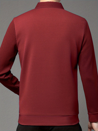 Men's casual long sleeve polo shirt made of polyester and spandex blend with lapel collar, slight stretch striped fabric, and regular fit knit half-placket pullover for spring/fall.