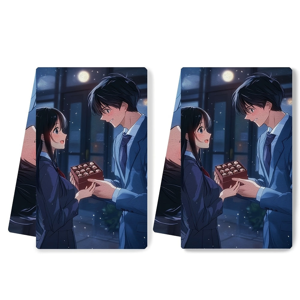 This set includes 2 ultra-soft kitchen towels showcasing a charming anime boy with black hair in a blue suit gifting a box of chocolates to his girlfriend. These highly absorbent dish towels are ideal for holiday decor, easy to clean in the washing