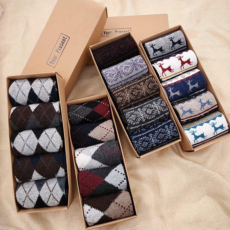 5 pairs of men's warm and comfortable wool socks, boxed for gifting.