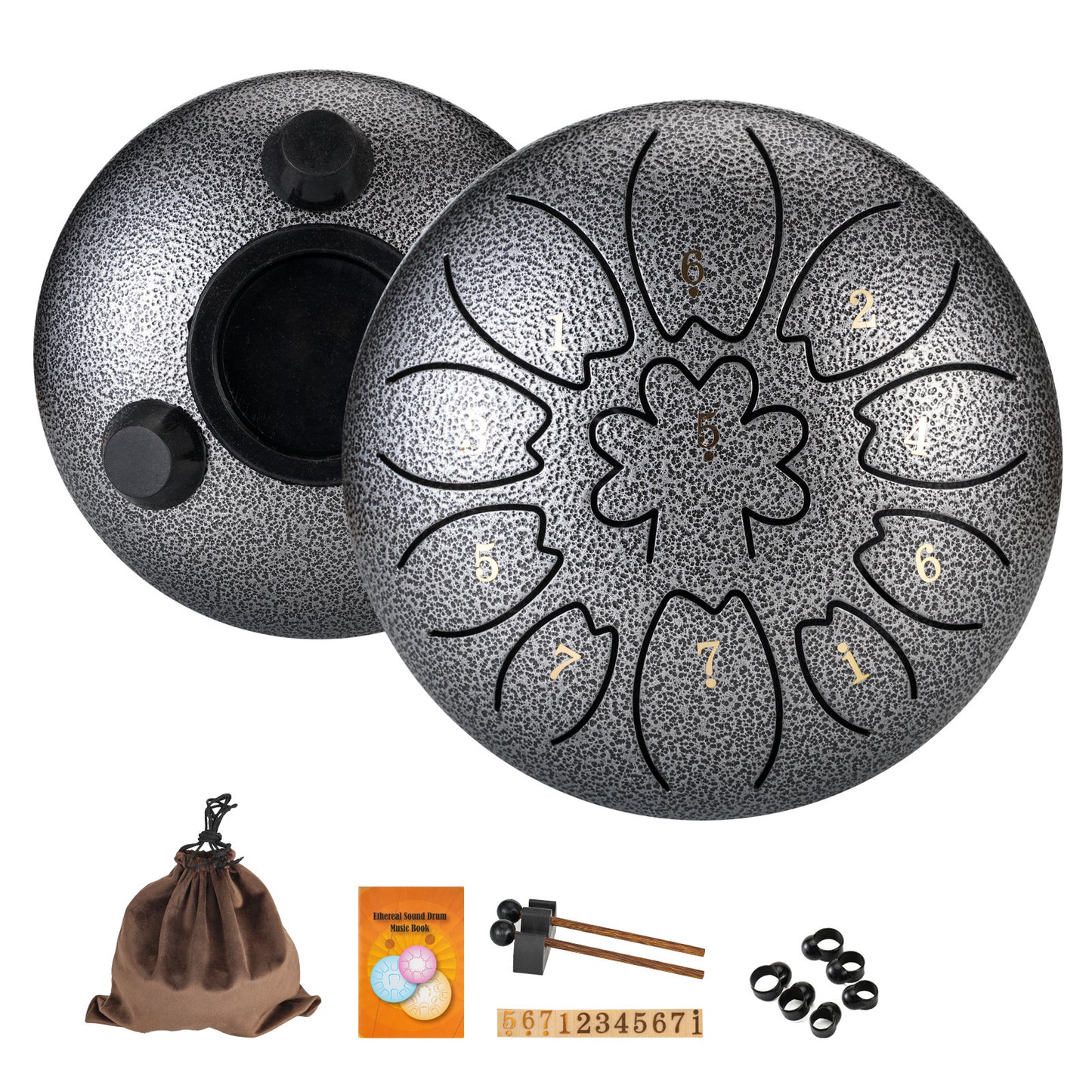 6 inch 11-note steel tongue drum in C major with bag, mallets, and music book. Suitable for music education, concerts, spiritual healing, yoga meditation, and entertainment.