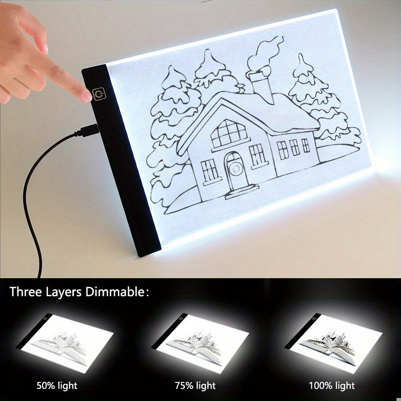 LED tracing light box for A3, A4, and A5 sizes, USB powered with adjustable illumination. Ideal for left and right-handed artists, made of acrylic material. Perfect for sketching