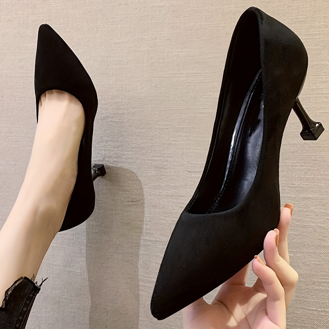 Solid color stiletto heels with point toe, perfect for dressy occasions.