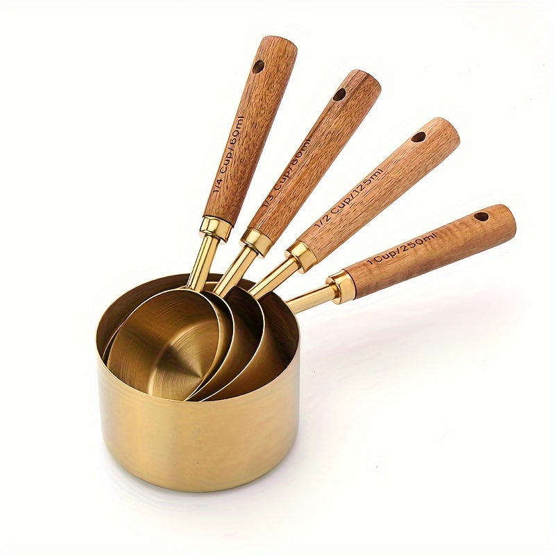 Set of 4 measuring cups and 4 measuring spoons, with both metric and US measurements. Features wood handles, high-quality stainless steel construction, golden polished surface. Ideal for measuring dry and liquid ingredients while cooking and baking.