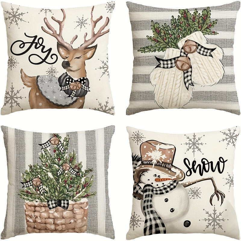 Set of four Christmas-themed pillowcases made of polyester fabric, suitable for home decoration in various settings, dimensions 45*45cm/17.7*17.7in, pillow core not included.