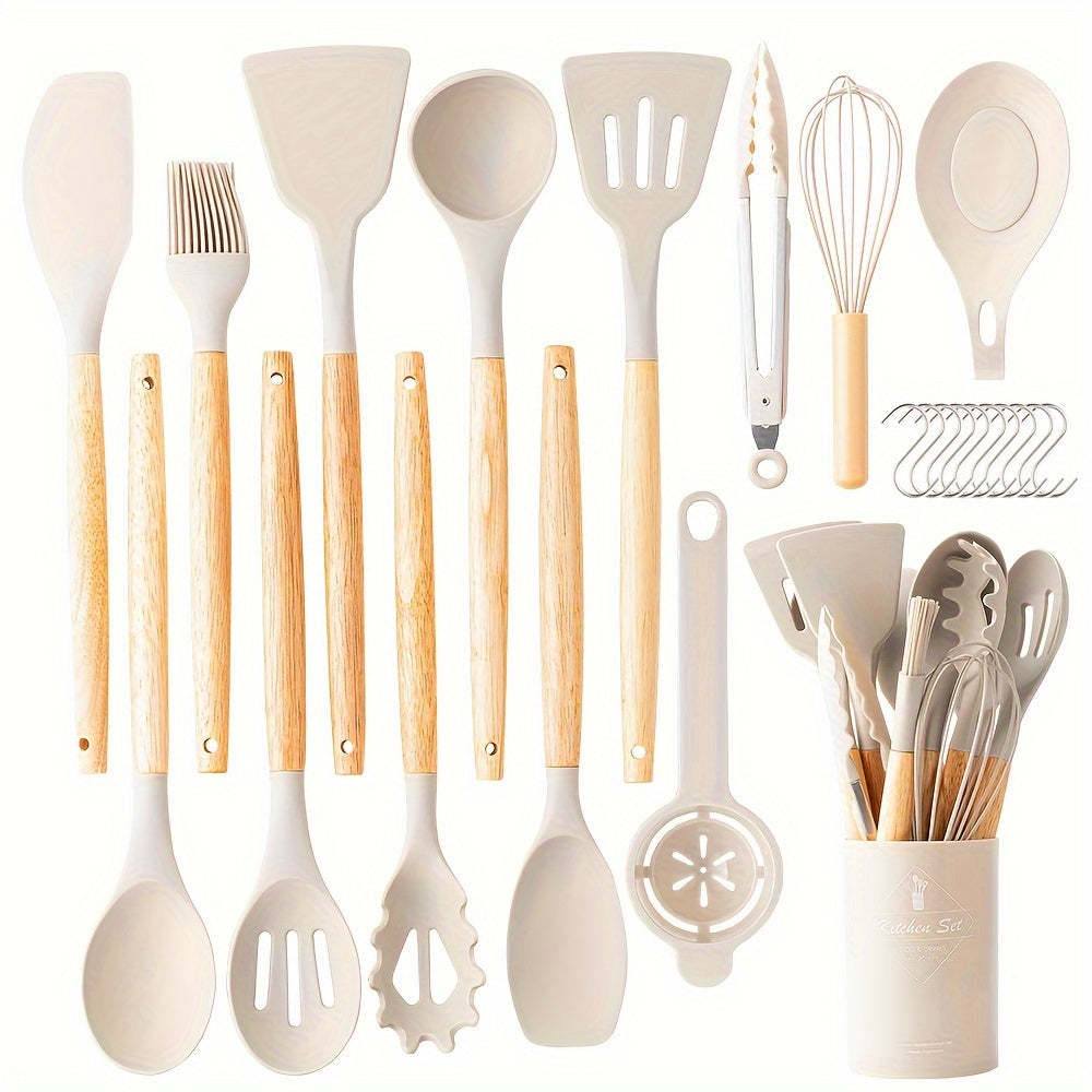 Silicone Kitchen Utensil Set with Wooden Handles - 24 Piece Set for Cooking and Baking