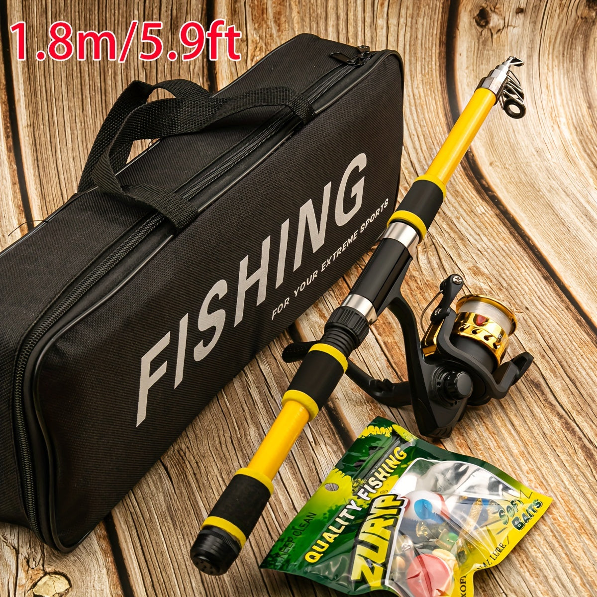 Compact fishing kit includes telescopic rod, pre-spooled reel, soft bait set, and carry case. Medium fast action, glass steel design suitable for various fishing locations. Great gift idea