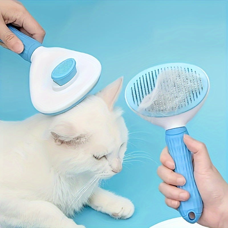 Pet hair removal comb with one-button operation, ideal for grooming and massaging dogs and cats.