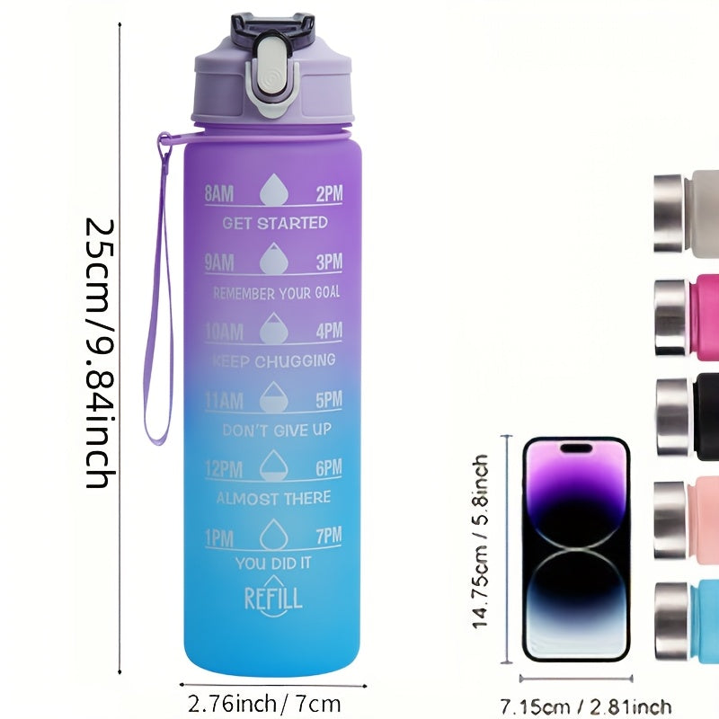 Motivational water bottle with straw, time marker, BPA-free polycarbonate, leakproof, lightweight, carrying strap, for fitness, gym, yoga, hiking, hydration.