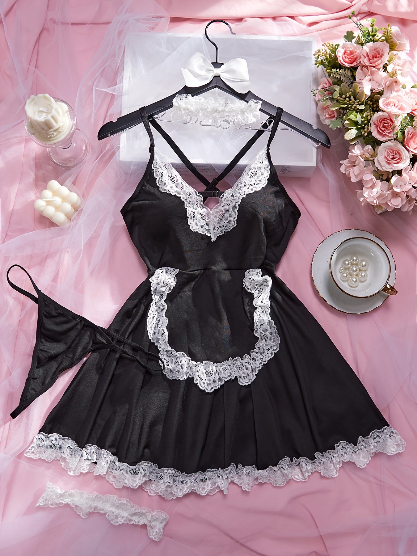 4-piece sexy lingerie set for women, perfect for date night. Includes off-shoulder dress, choker, leg rings, and panties. Made of soft, non-transparent polyester blend.