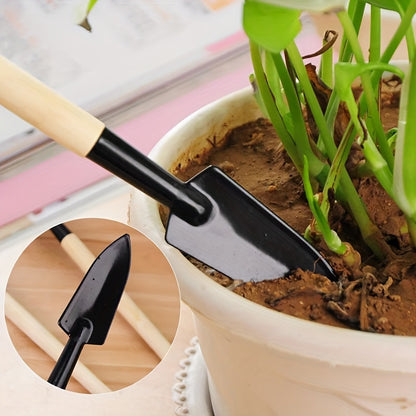 Three-piece set of mini gardening tools: multi-function shovel, harrow shovel, and household plant pine soil shovel.