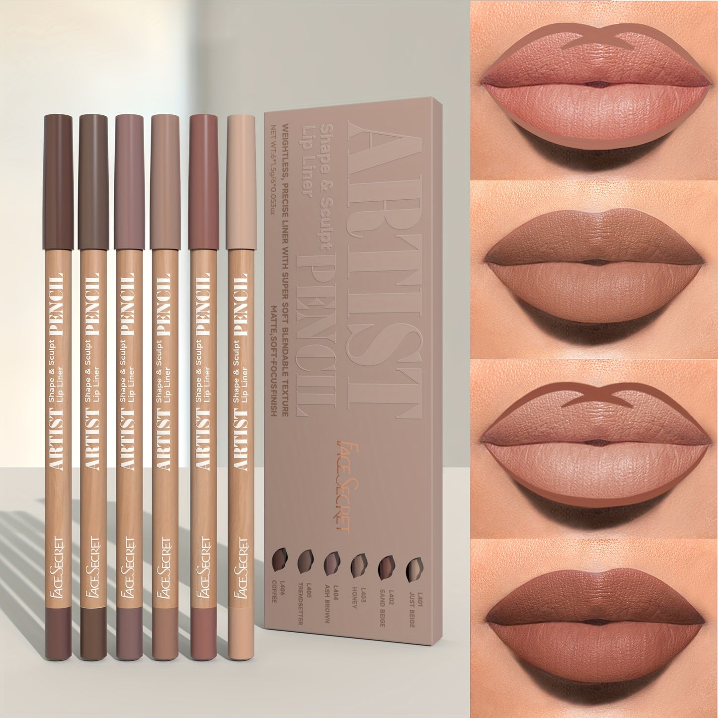 6-piece set of nude lip liners, with waterproof matte finish, long-lasting color, and easy application for daily makeup.