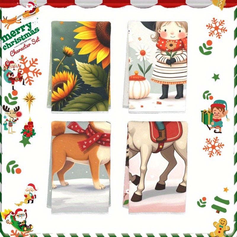 Set of 4 Christmas-themed Kitchen Towels measuring 45.72*66.04cm each, perfect for adding festive cheer to your kitchen decor. Decorate with Merry Christmas and IQXYS designs.