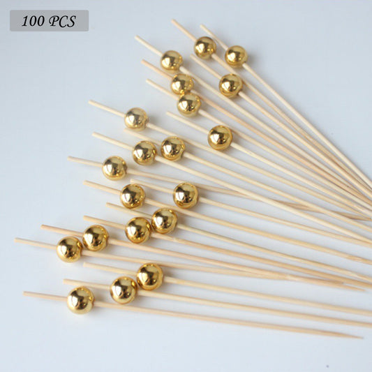 100 Golden Beads Cocktail Picks, Handmade Bamboo Skewers for Appetizers and Fruit Parties.