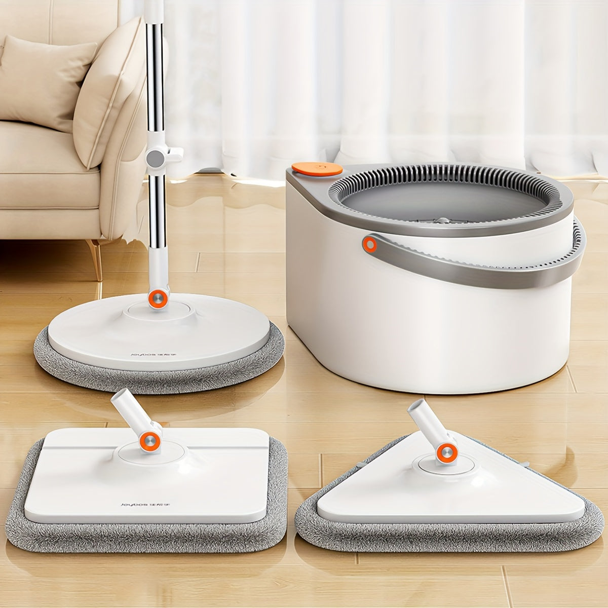 Spin Mop and Bucket System with Three Mop Heads and Washable Microfiber Pads.