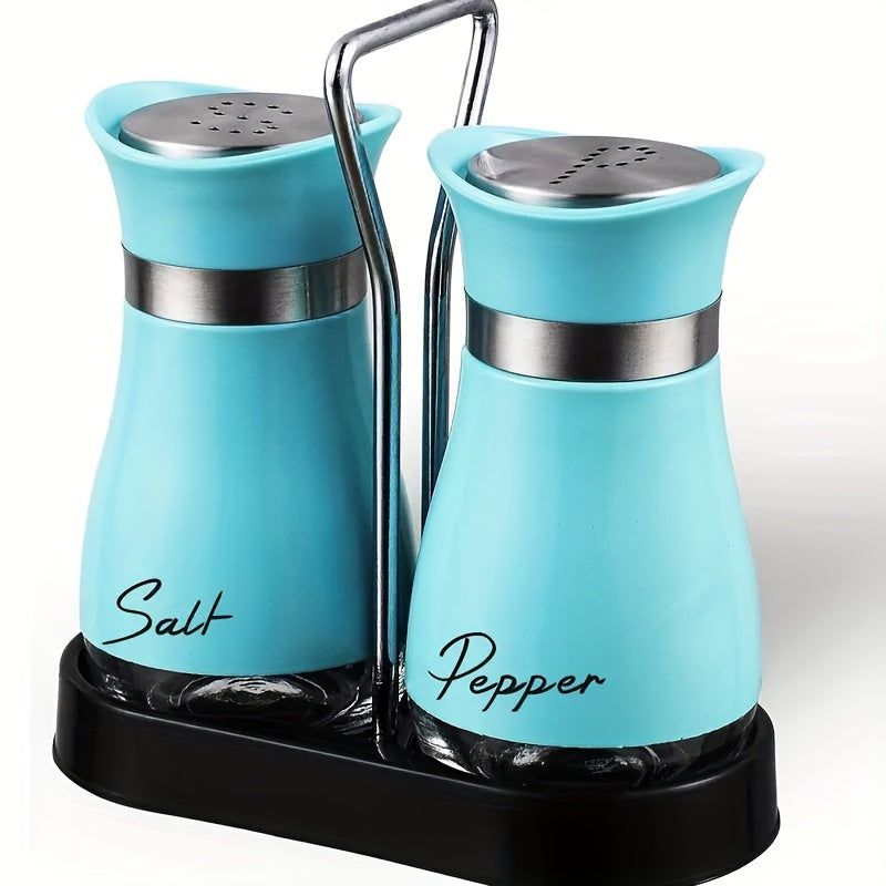 Stainless steel and leather salt and pepper shaker set with stand, perfect for kitchen gadgets and as a housewarming or Christmas gift.