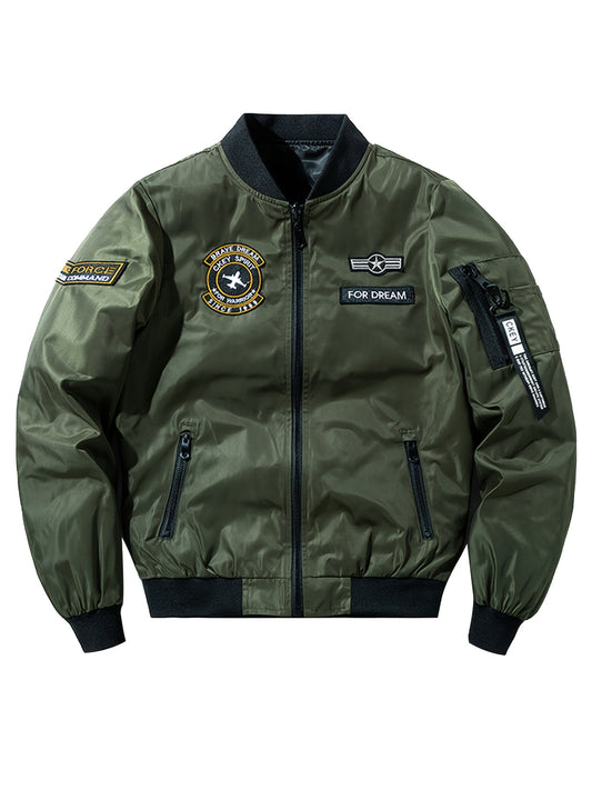 Men's bomber jacket with embroidered "FORCE" patch, windproof and warm polyester construction, zip-up design, ideal for spring and fall casual wear.