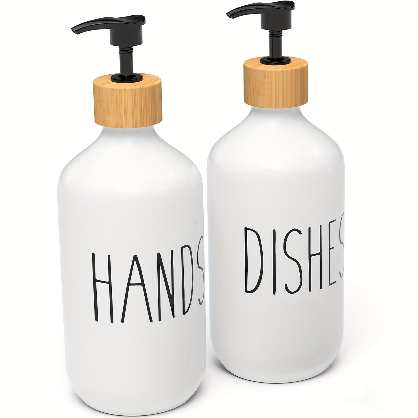 Set of 2 soap dispensers for hand and dish soap, with a countertop lotion bottle for bathroom use.