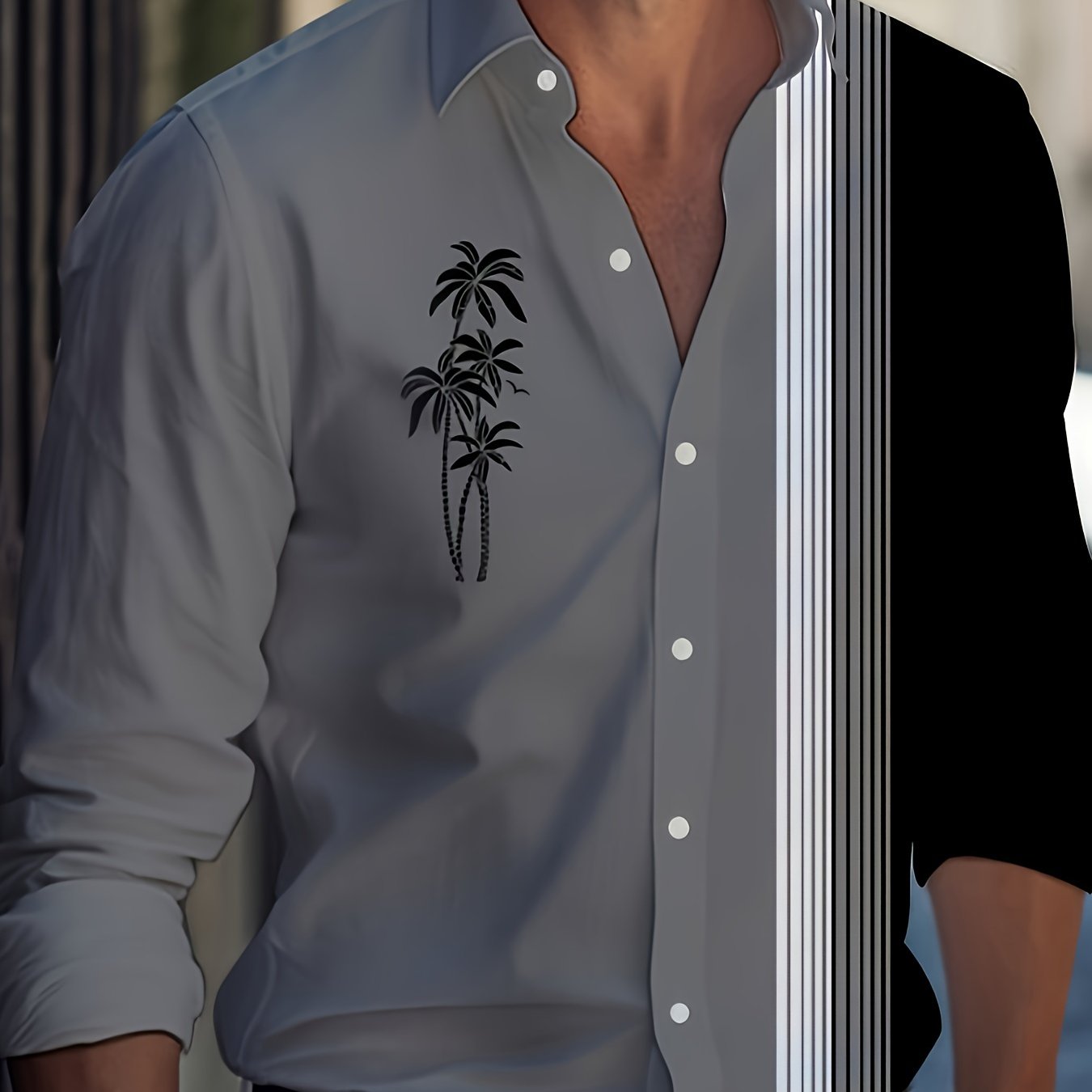 Men's oversized shirt for spring, summer, and autumn. Beach collar design with long sleeves for a stylish look.