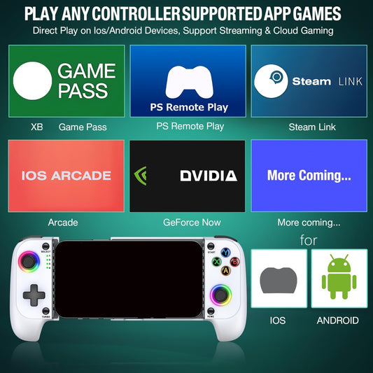 Wireless RGB Mobile Game Controller for Android/iPhone. Dual Hall Joystick. Supports Streaming Remote Games, XBOX Game Pass, Mfi Apple Arcade. Perfect Gift for Winter.