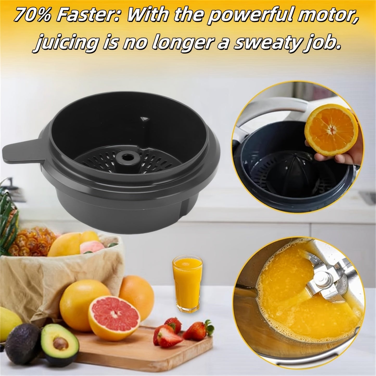 Set of accessories for manual lemon squeezing made of plastic, with detachable cone and handle to extract citrus juice safely. Compatible with standard juicers.