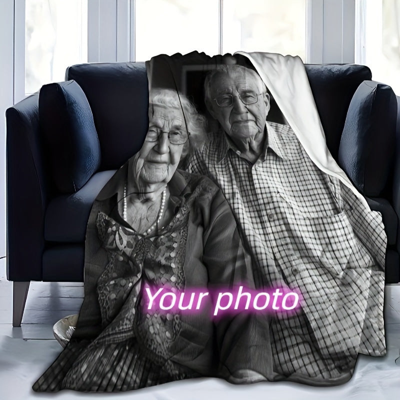 A one-of-a-kind photo blanket, custom-made for loved ones and special occasions such as family gatherings, birthdays, weddings, Halloween, and Christmas.