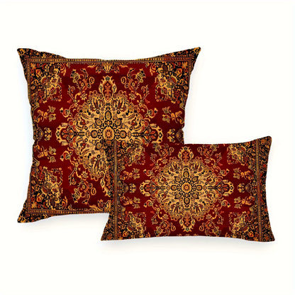 Geometric red tribal printed throw pillow cover in two sizes, perfect for home decor in living room or bedroom. Does not include pillow insert.