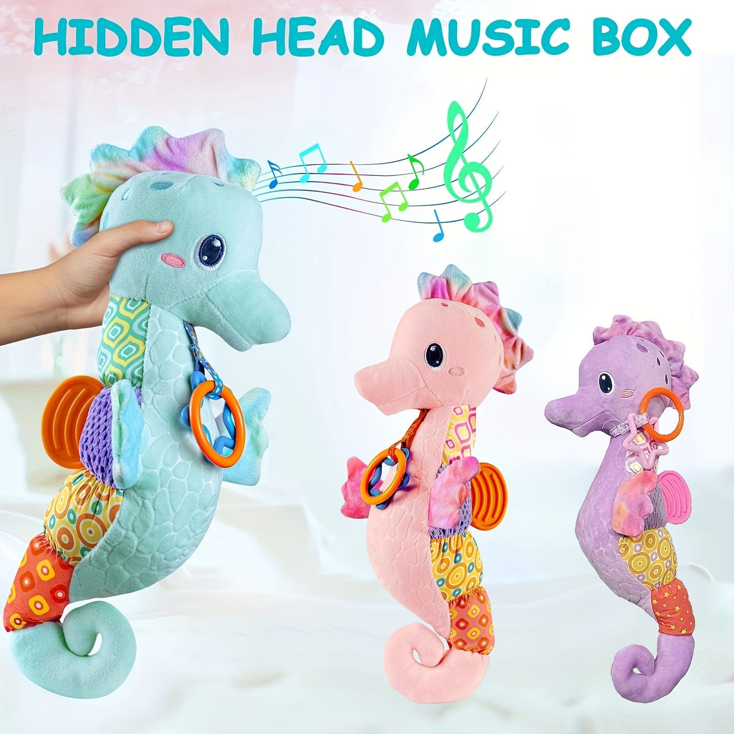 1 piece of WELLFAR Soft Plush Seahorse Toy featuring a Hidden Head Music Box, Hanging Ring, Squeakers, and Crinkle Sound Paper - Made from Polyester Fiber, this Interactive Baby Toy is Perfect for Newborns and makes an Ideal Gift for Birthdays