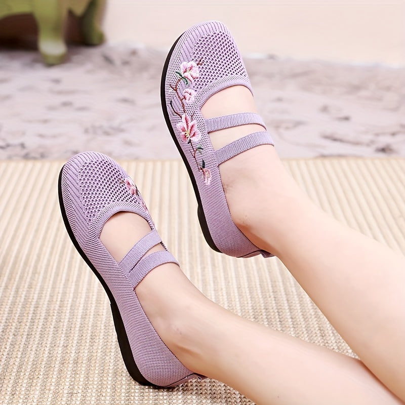 2024 Women's Summer Casual Knit Flats in Purple & Red with Soft Sole & Embroidered Floral Design, Lightweight & Comfortable Textile Footwear