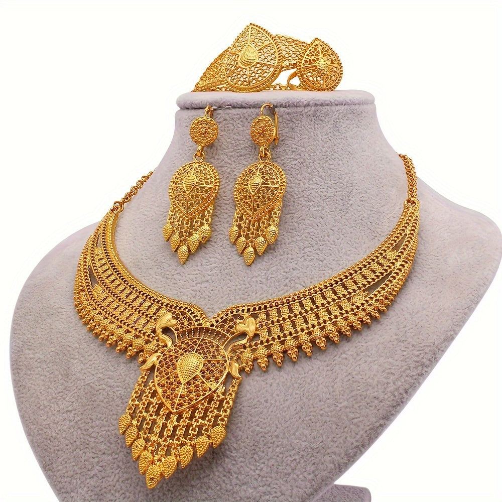 This luxurious jewelry set, consisting of a necklace, bracelet, ring, and two earrings, is exquisitely crafted for women in the Middle East, with a focus on Dubai. Perfect for wedding attire, this set is versatile and can be worn by brides from Europe