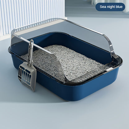 Enclosed medium-sized cat litter box with scoop made of durable plastic. Features include square design, high edges, and splash guard for easy cleaning. Supports up to 5.44 KG cats.