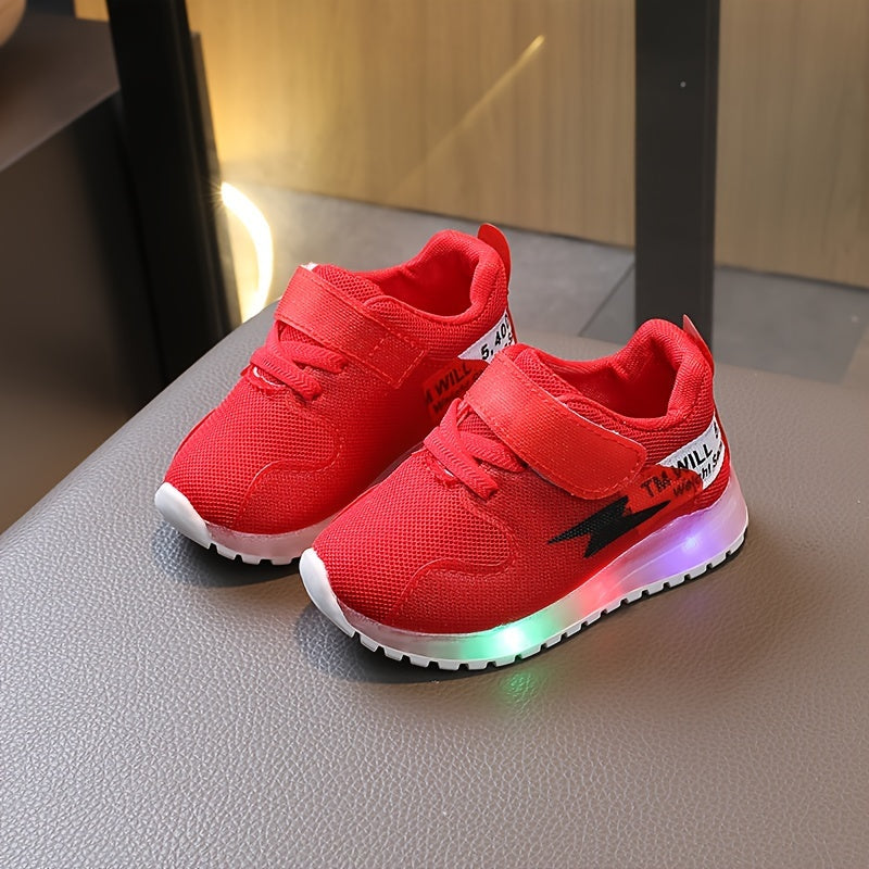 LED light-up sneakers for kids with breathable fabric and non-slip rubber sole, ideal for all seasons.