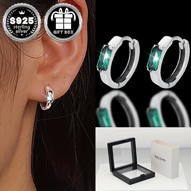 Stylish and versatile unisex earrings made of 2 pieces of sterling silver with low sensitivity. Featuring simple inlaid small square green zirconia for an elegant touch. Approximately weighing 1.9g.