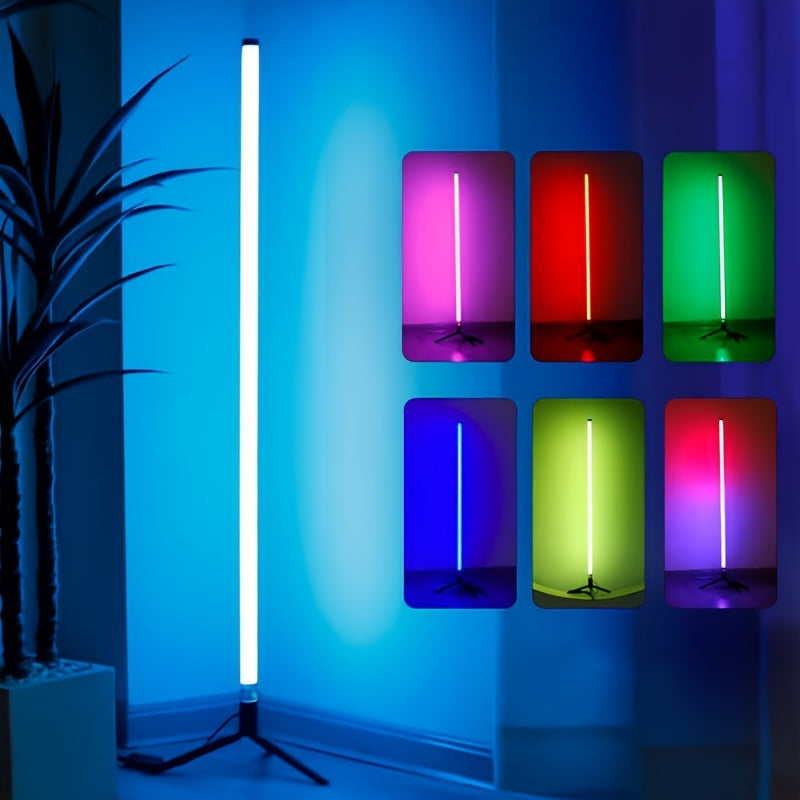 Smart LED floor lamp with app control, RGB music atmosphere, wireless, USB powered, multi-color standing lamp for various rooms and events. Not waterproof, no battery, with USB port.