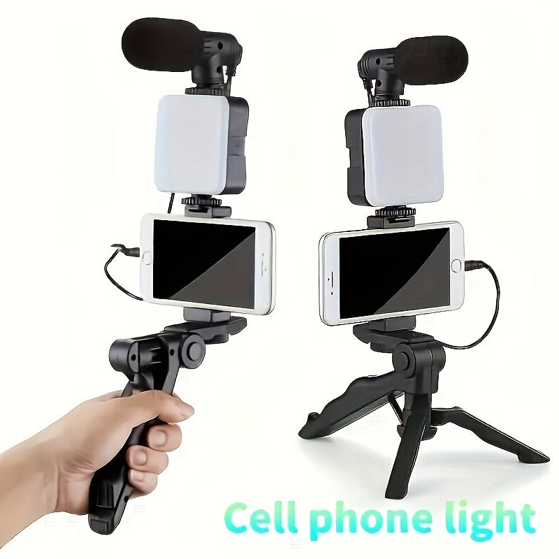 One Universal 3-in-1 Smartphone Video Blogging Kit with LED Ring Light, Mini Shotgun Microphone, and Tripod Stand - Battery-Powered, for Live Streaming, Video Calls, and Vlogging (Battery