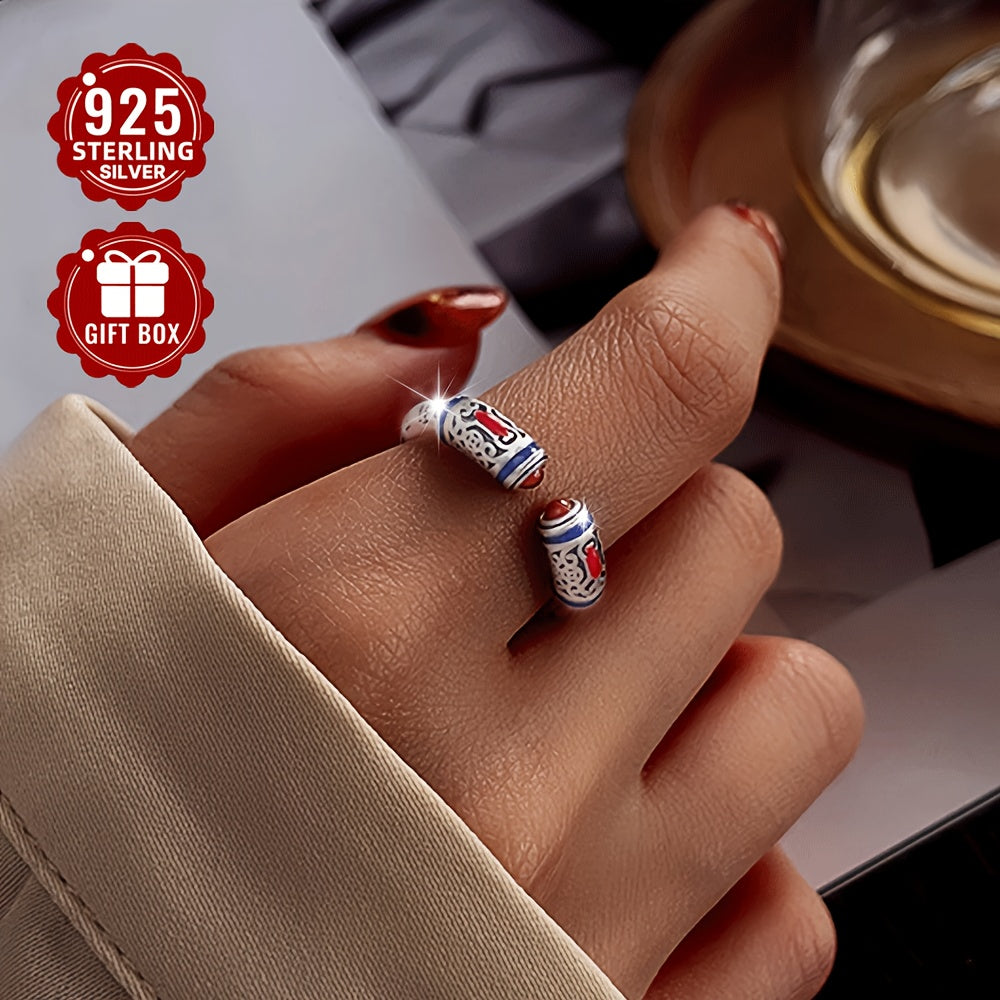 Open ring crafted from 925 sterling silver, featuring a retro, neutral, and national design with a drop glue red agate heart sutra carving. The matte finish adds a touch of elegance, making it suitable for party gatherings. Perfect for both men and