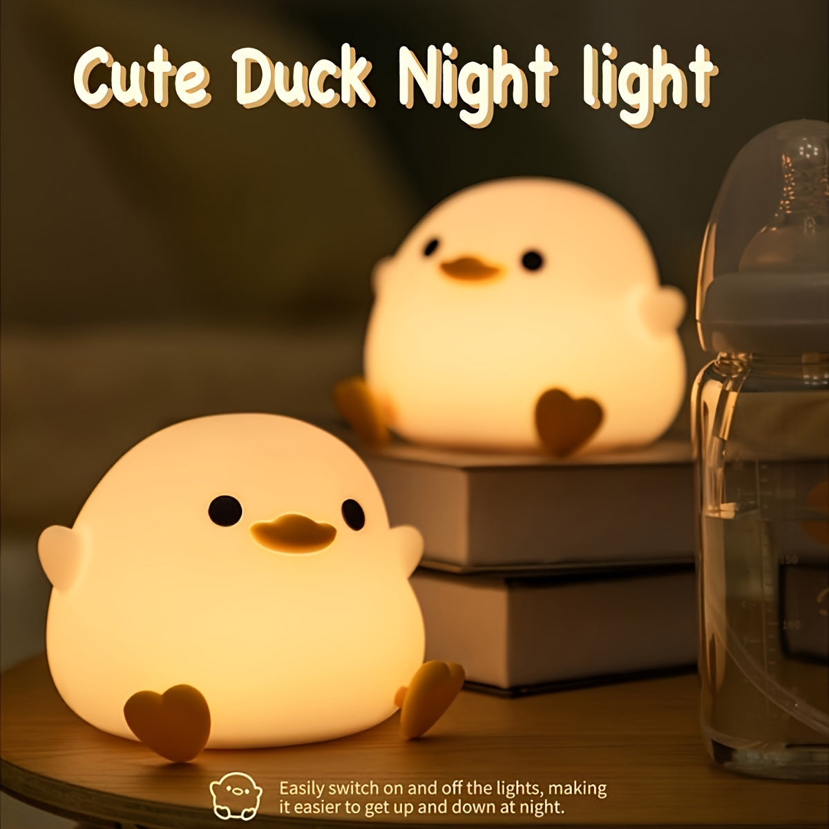 Duck-shaped silicone night light and pat lamp: Soft, eye-safe USB rechargeable bedside light for cozy room decor.