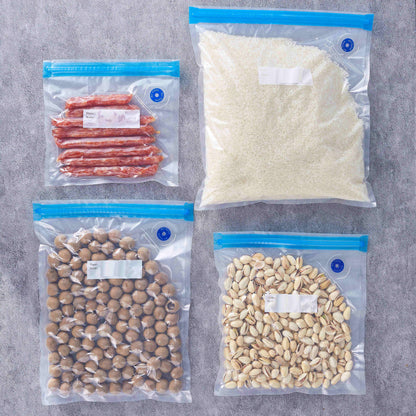 A complete food preservation solution with vacuum bag, pump, sealer clips, and zipper lock. This versatile set includes a hand-drawn vacuum bag with food grade material, perfect for storing and dispensing food. Easily reusable for all your kitchen needs.