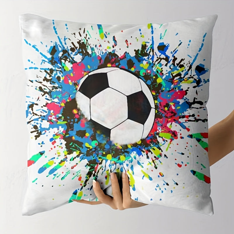 One piece of short plush throw pillow cover featuring a soccer ball print, perfect for decorating the living room, bedroom, dorm room, or home. Pillow core not included. Measures 45.72 x 45.72 cm.