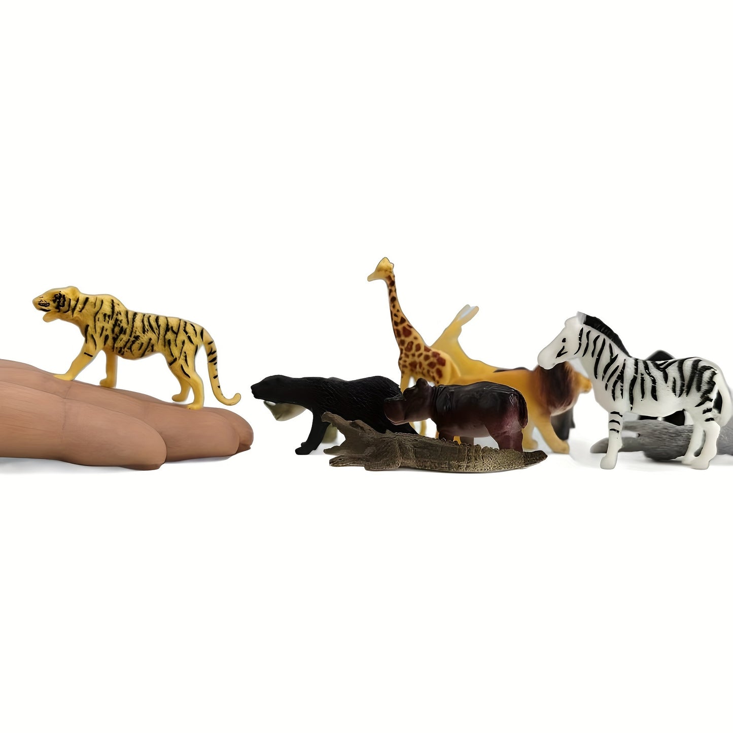 Wildlife Animal Figurines Set includes 12 pieces such as Lion, Tiger, Crocodile, Giraffe, Zebra, Elephant, and more. Suitable for ages 3+.