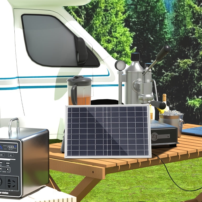 Portable solar panel kit with controller options, multiple voltage outputs, and USB charger for various applications like camping, hiking, RV, and security cameras.