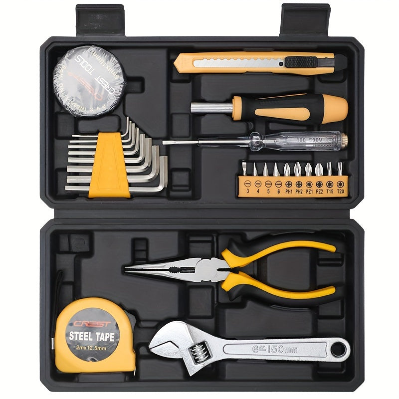 25/26 piece General Household Hand Tool Kit Set for DIY projects and home repairs. Includes plastic toolbox storage case in yellow color.