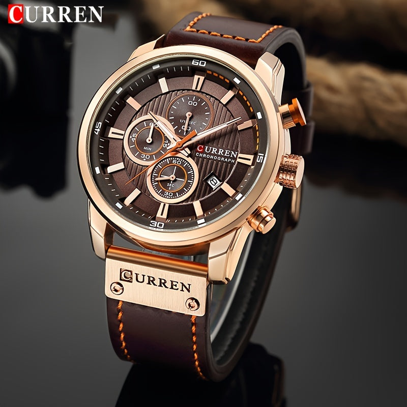 A sleek men's sports watch featuring a variety of functions, a durable PU leather strap, and an automatic date display.