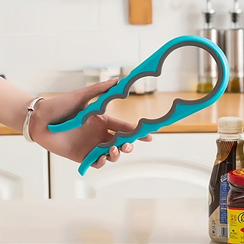 Multi-functional 4-in-1 plastic jar opener with non-slip grip for manual bottle cap removal in the kitchen.