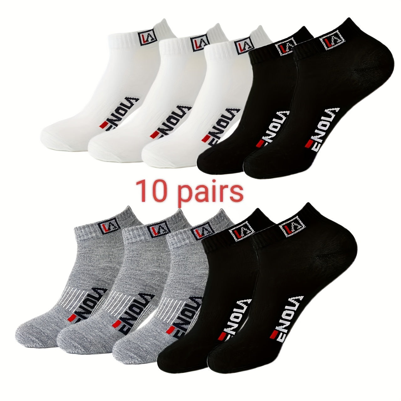 10 pairs of men's casual ankle socks in black, white, and grey with an alphabet pattern, made of 97% polyester and 3% spandex. Knit fabric, hand wash or dry clean only. From the