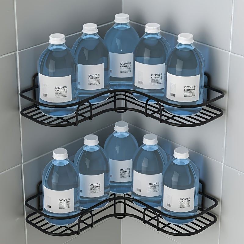 Rust-resistant stainless steel corner shower rack for storing bathroom products.