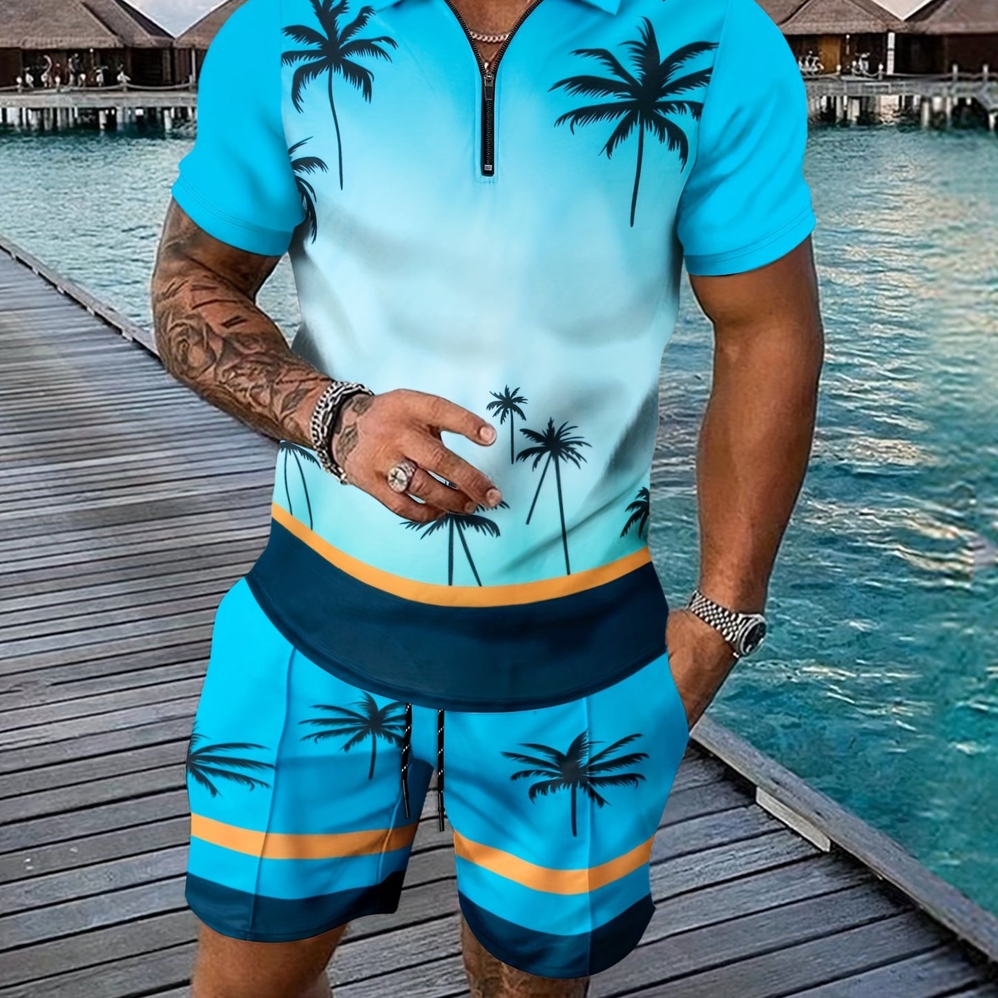 Men's casual palm tree print shirt and shorts set made of summer knit polyester with zipper detailing and turn-down collar - perfect for beachwear.