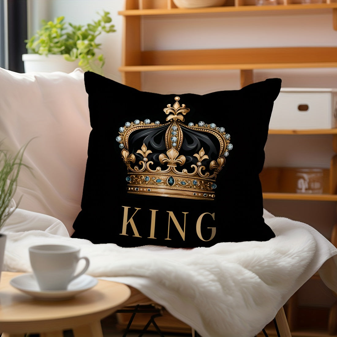 [Best-Selling] Set of 1 or 2 45x45cm Peach Skin Pillowcases with Black Background, Golden Crown King and Queen Design. Perfect for Car Seat Cushions, Living Room Sofas, Bedroom Pillows, Bedside Backrests, or Home Decor. Single-Sided Printing, Pillow Core