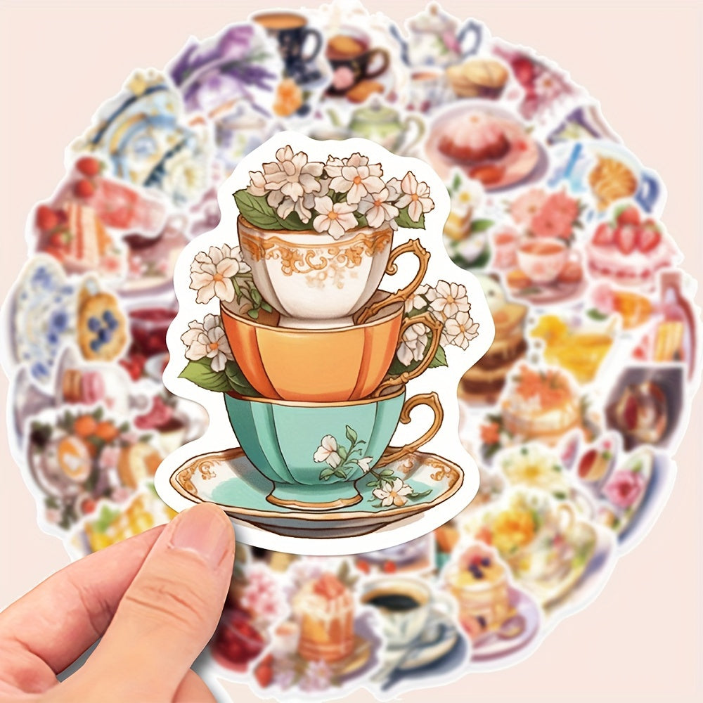 Set of 50 Afternoon Tea & Dessert Waterproof Stickers - Made from PET Material, Vibrant Kitchen & Dining Decals for Laptops, Phones, Notebooks, Water Bottles, Helmets, Guitars, Suitcases, and more. Fashionable, long-lasting stickers for your whimsical