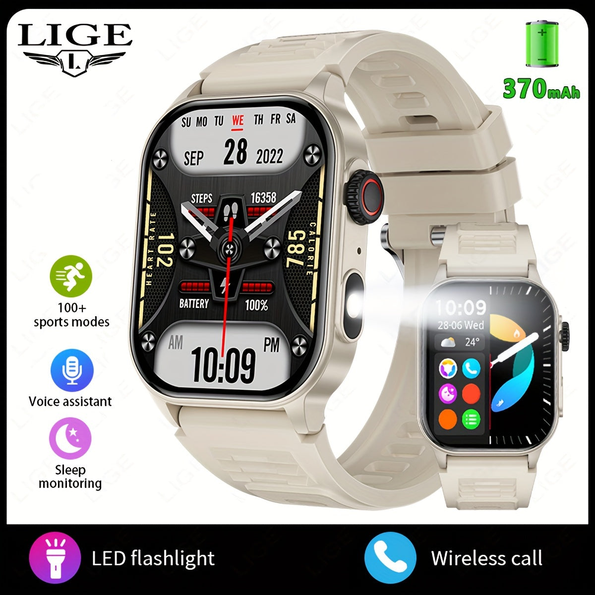 LIGE Smartwatch with 5.2 Wireless, 2.01in Screen, 370mAh Battery, Step Counting, Voice Assistant, Weather Forecast, Reminder, Remote Control, Photo Taking, Light, Sleep Monitoring.