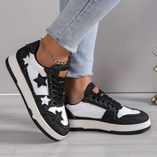 Women's casual sneakers with colorblock design, lace-up closure, platform sole, star decorations, perfect for walking.